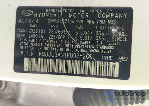 2015 Hyundai Tucson Se z USA, uszkodzony, nr VIN KM8JU3AG1FU978266